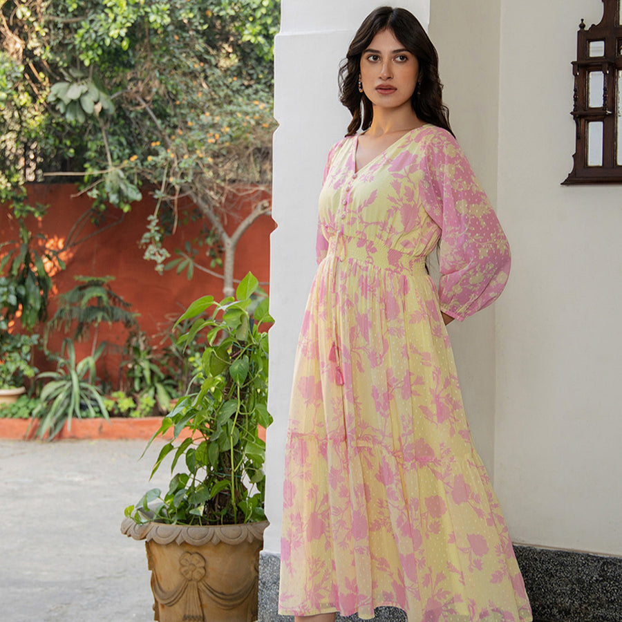 Light Yellow Dobby Georgette Floral Fit & Flare Dress