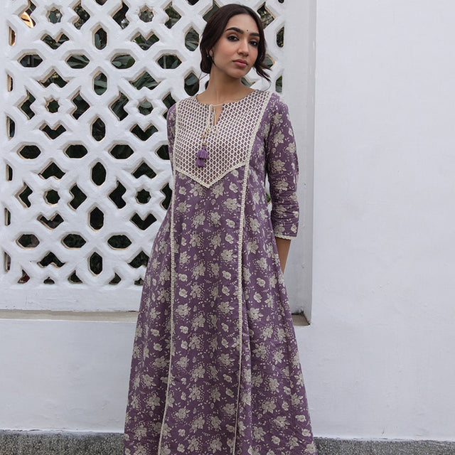 Purple Cotton Floral A-Line Kurta Set