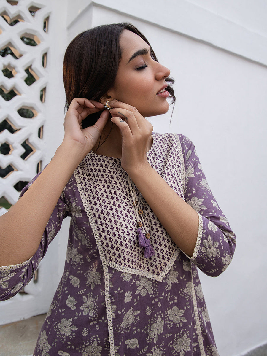 Purple Cotton Floral A-Line Kurta Set