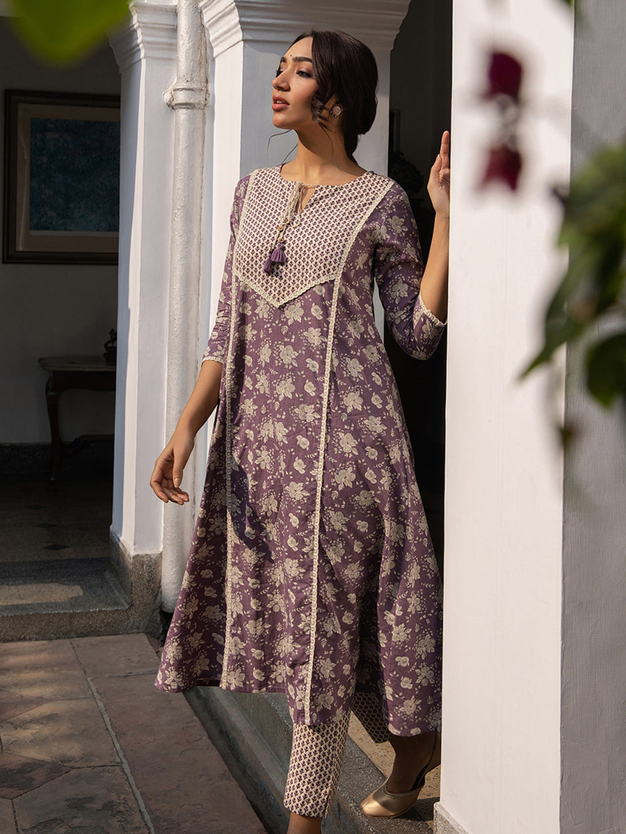 Purple Cotton Floral A-Line Kurta Set
