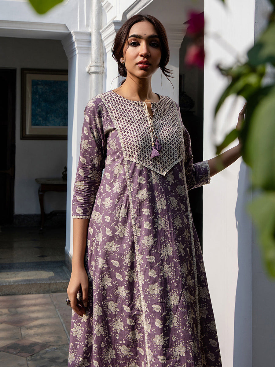 Purple Cotton Floral A-Line Kurta Set