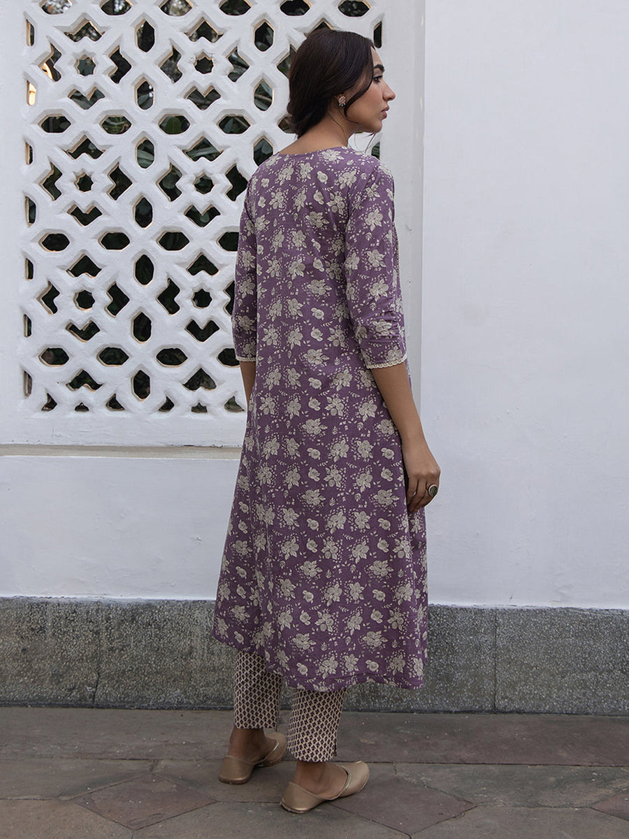 Purple Cotton Floral A-Line Kurta Set