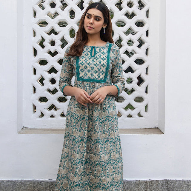 Teal Cotton Floral Straight Kurta Set