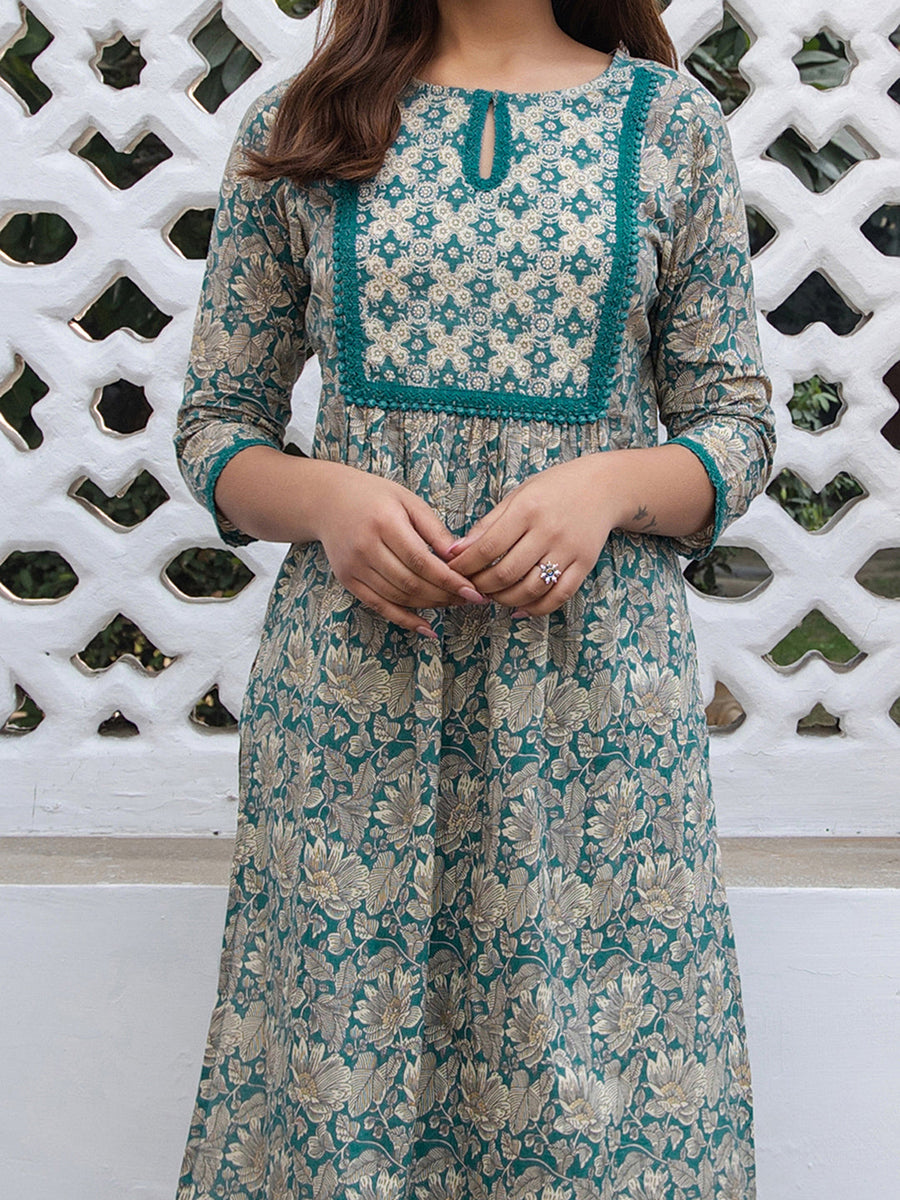 Teal Cotton Floral Straight Kurta Set