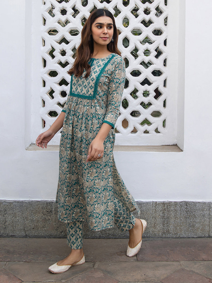 Teal Cotton Floral Straight Kurta Set