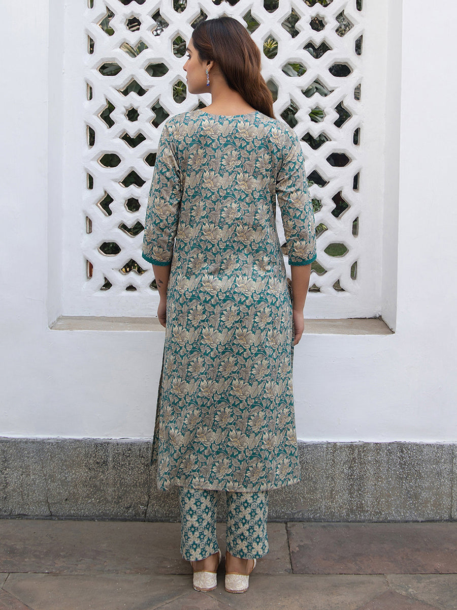 Teal Cotton Floral Straight Kurta Set