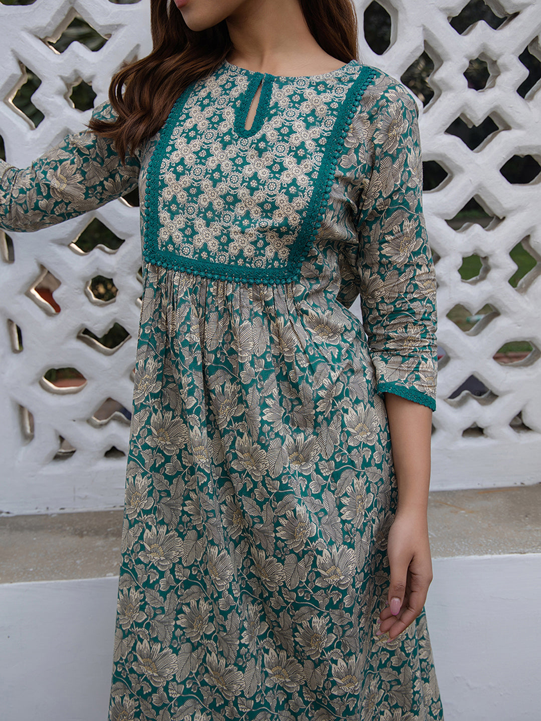Teal Cotton Floral Straight Kurta Set