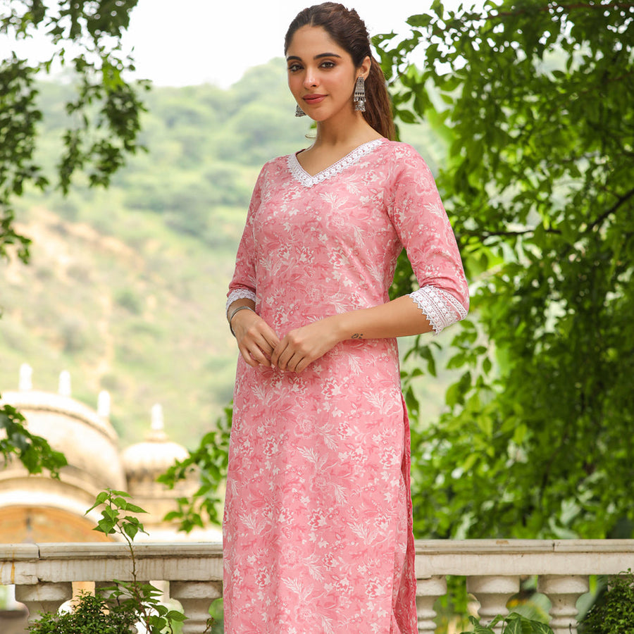 Pink Cotton Floral Regular Kurta Set