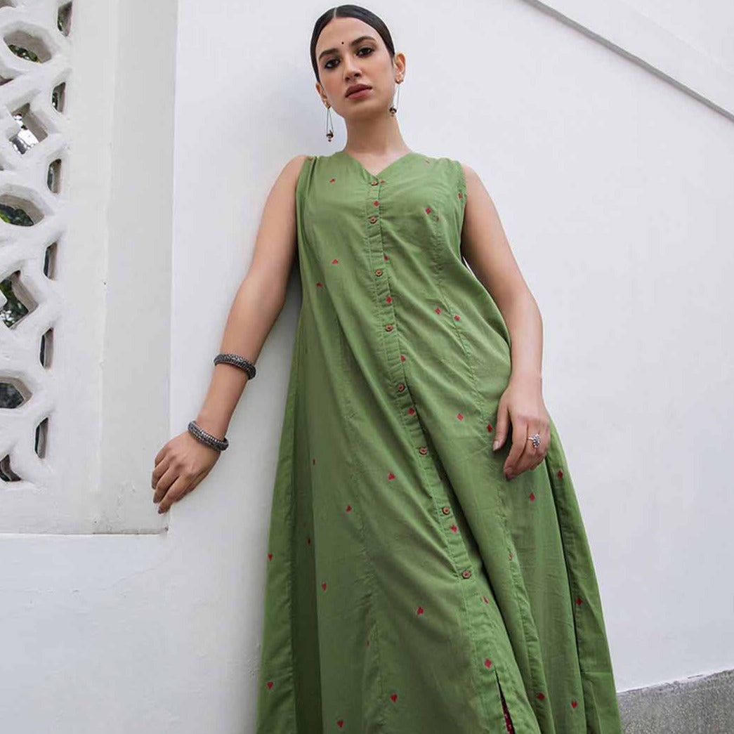 Green Cotton Geometric A-Line Kurta Set