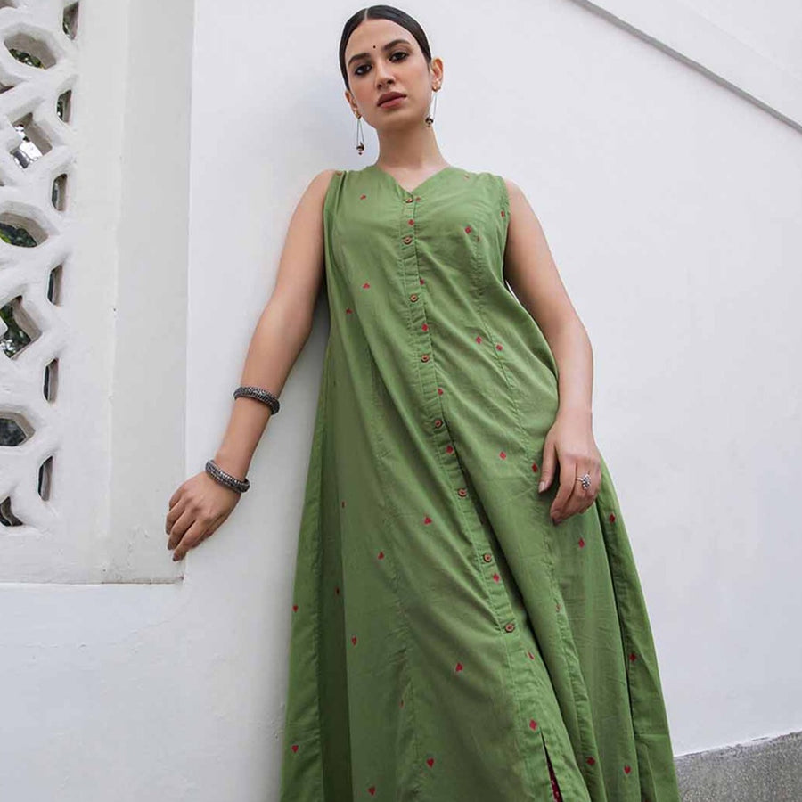 Green Cotton Geometric A-Line Kurta Set