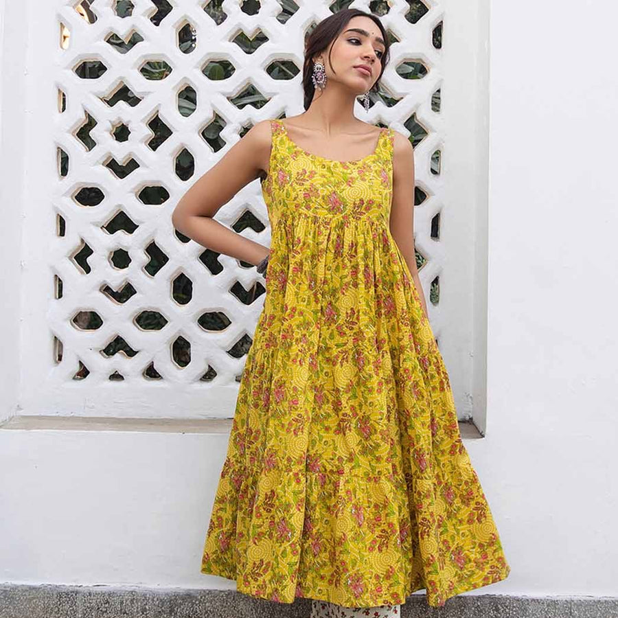 Mustard Cotton Floral Gathered Kurta Set