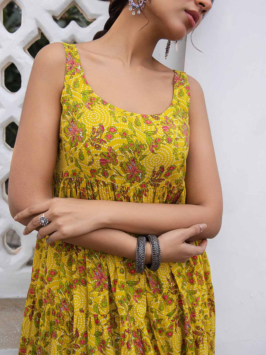 Mustard Cotton Floral Gathered Kurta Set