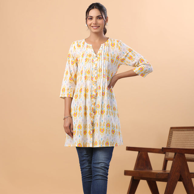 White Cotton Ikkat Pleated Tunic