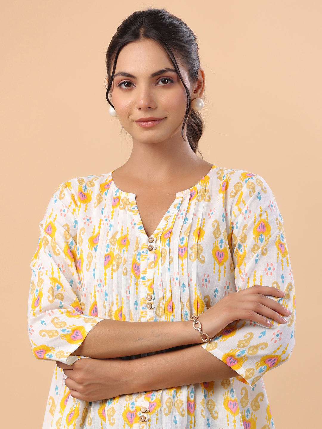 White Cotton Ikkat Pleated Tunic