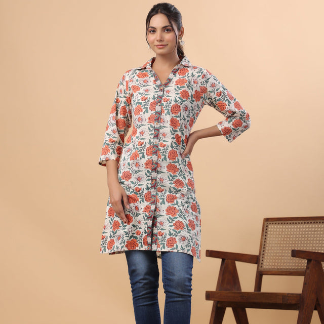 Cream Cotton Floral A-Line Tunic