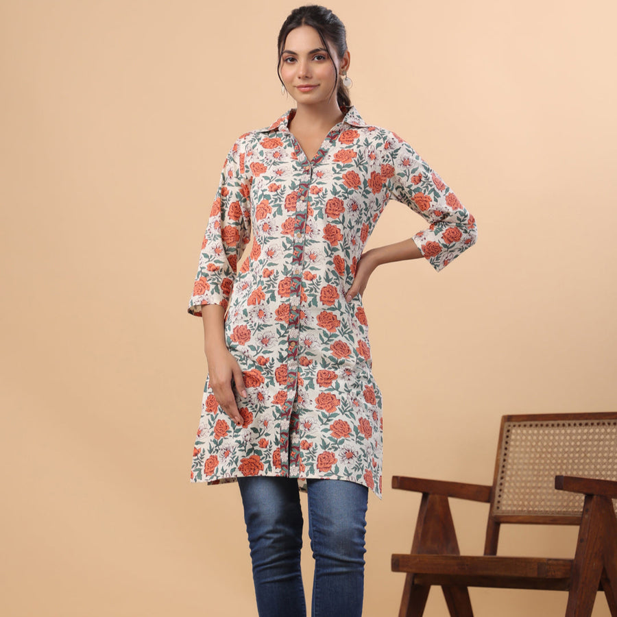 Cream Cotton Floral A-Line Tunic