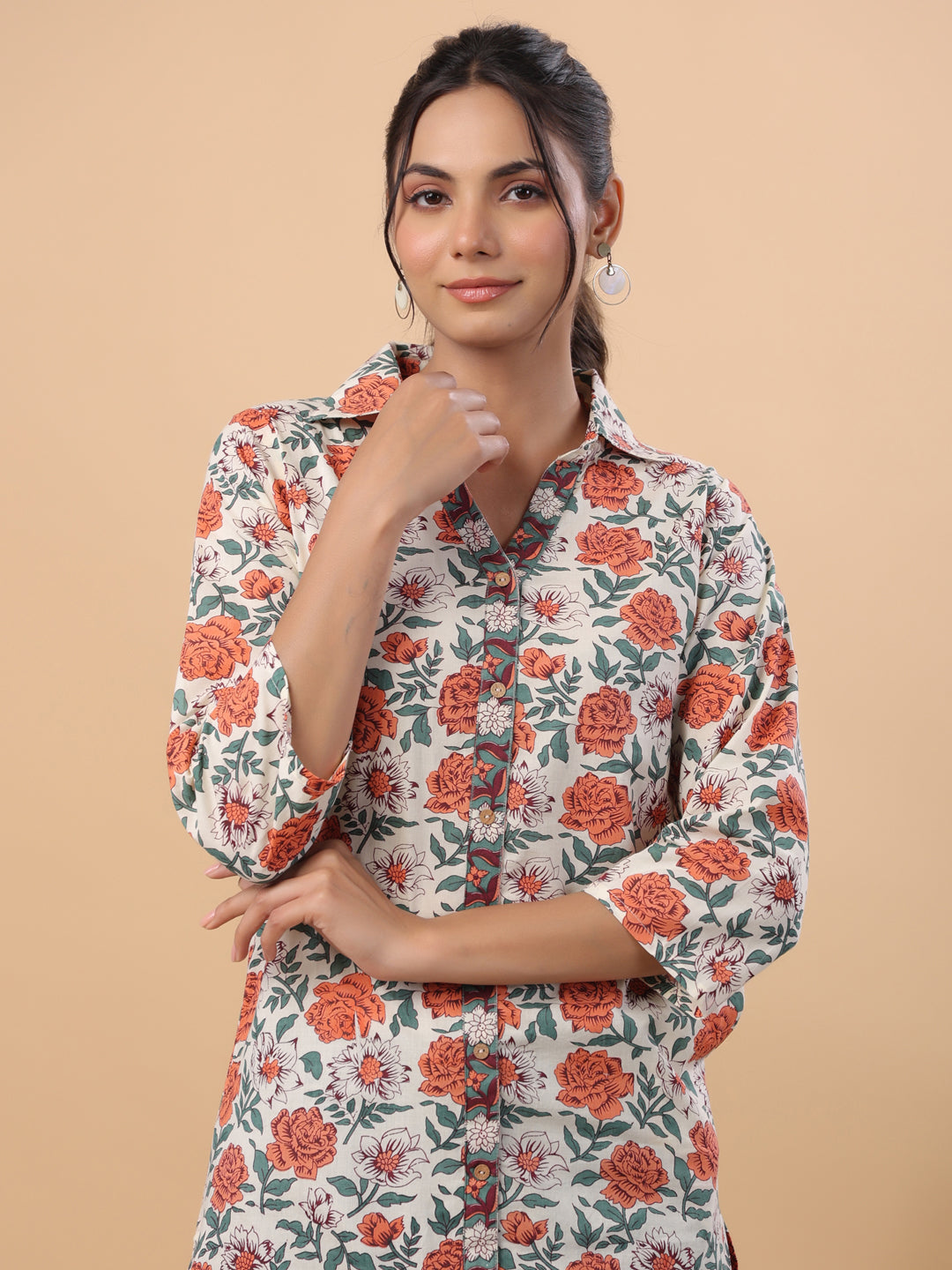 Cream Cotton Floral A-Line Tunic