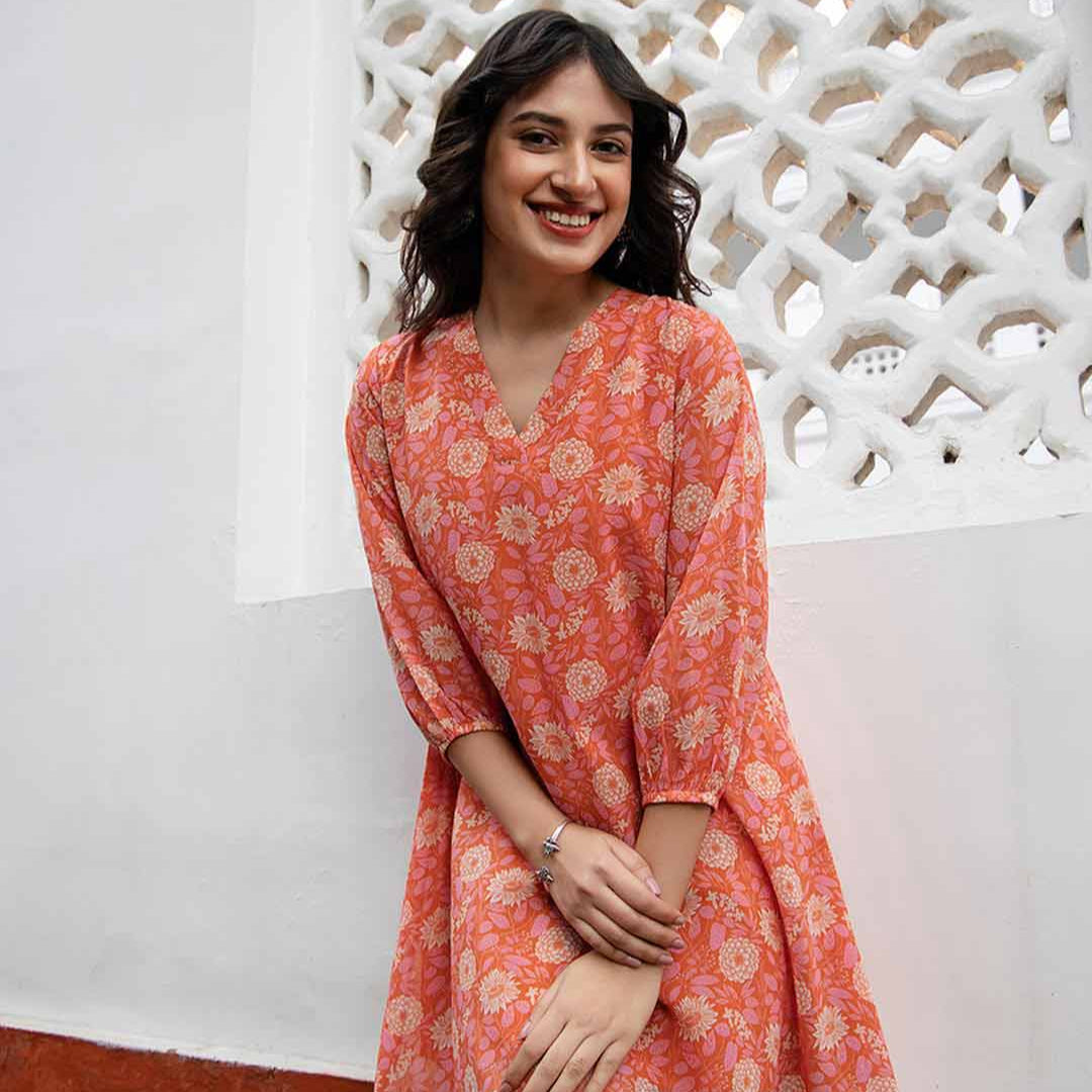 Orange Georgette Floral Regular Tunic