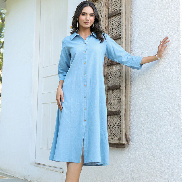 Light Blue Cotton Solid Button Down Shirt Style A-line Dress