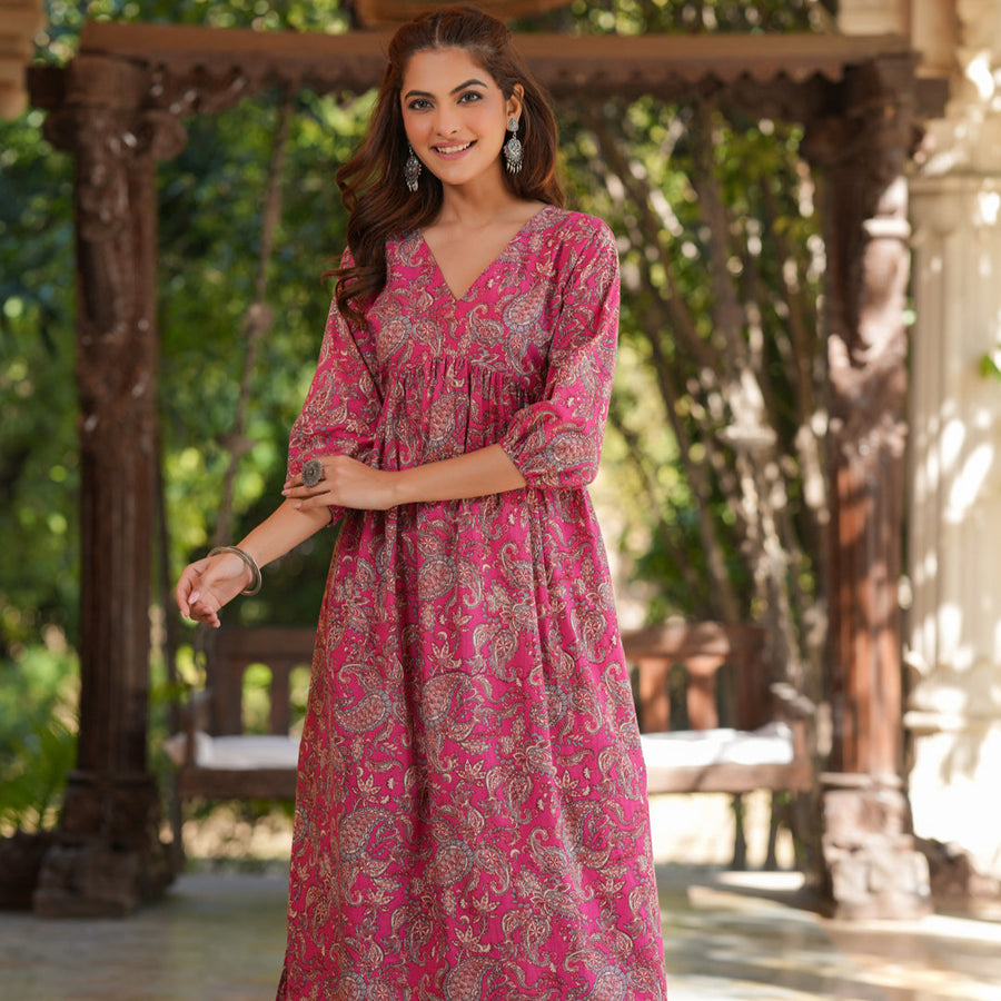 Pink Pure Cotton Floral Printed A-Line Kurta Pant Set