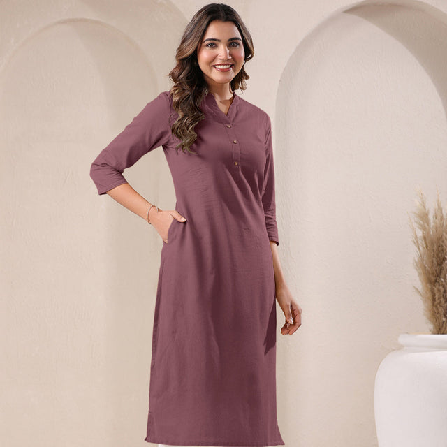 Mauve Cotton Solid Straight Kurta