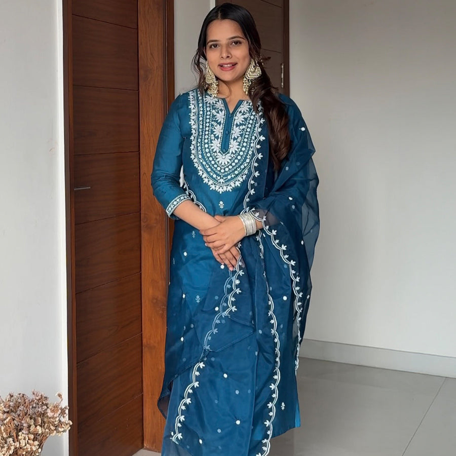 Teal Blue Silk Blend Embroidered Straight Kurta Set