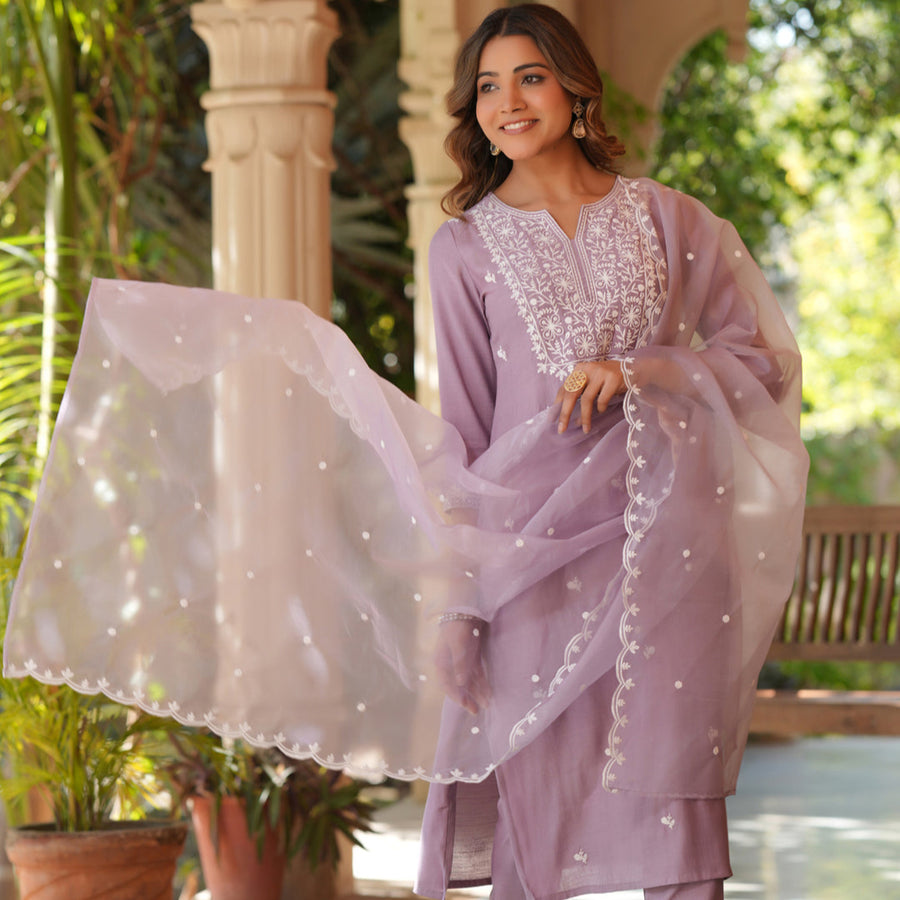 Lavender Silk Blend Embroidered Straight Kurta Set