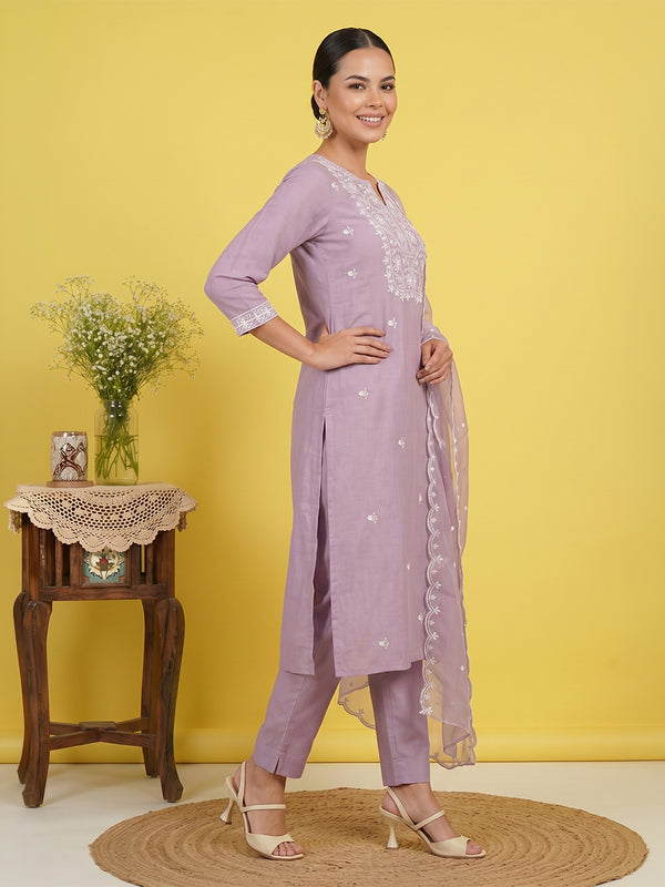 Lavender Silk Blend Embroidered Straight Kurta Set
