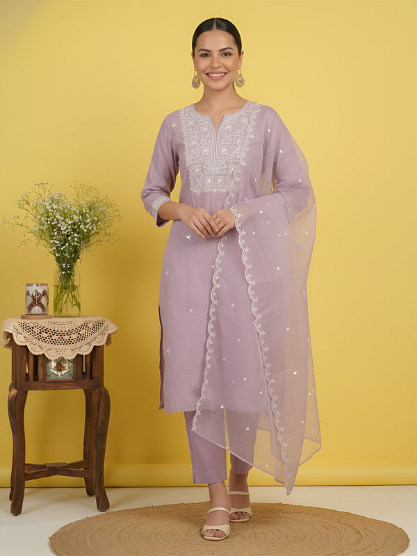 Lavender Silk Blend Embroidered Straight Kurta Set