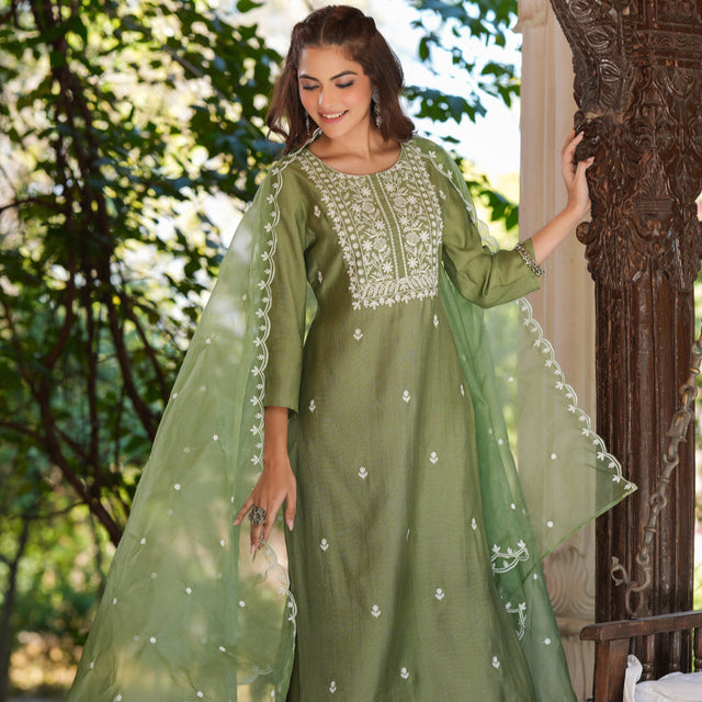 Sage Green Silk Blend Embroidered Straight Kurta Set