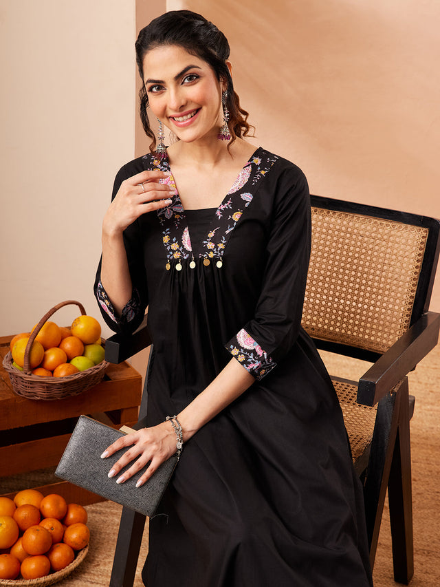 Women's Black Pure Cotton Yoke Design A-line Kurta Set