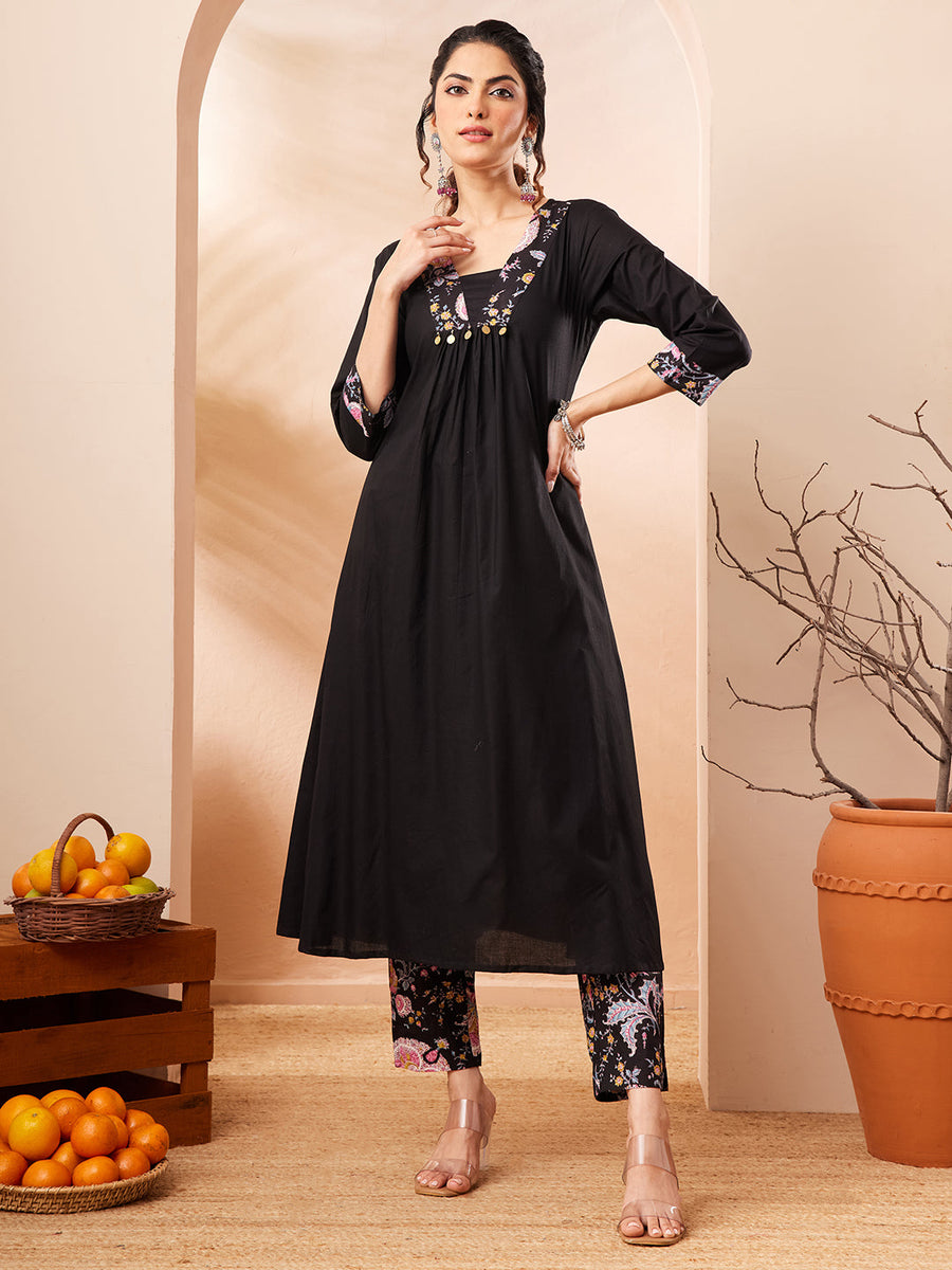 Women's Black Pure Cotton Yoke Design A-line Kurta Set