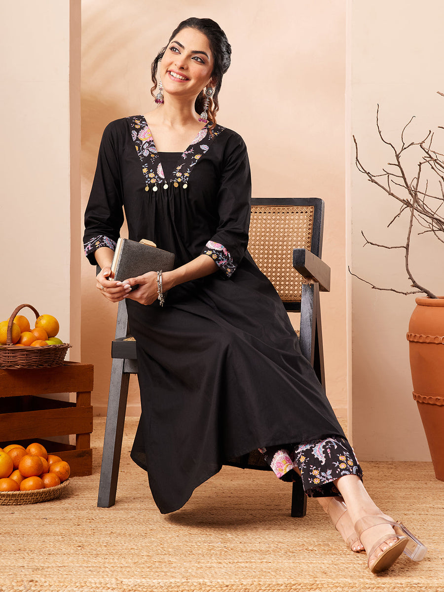 Women's Black Pure Cotton Yoke Design A-line Kurta Set