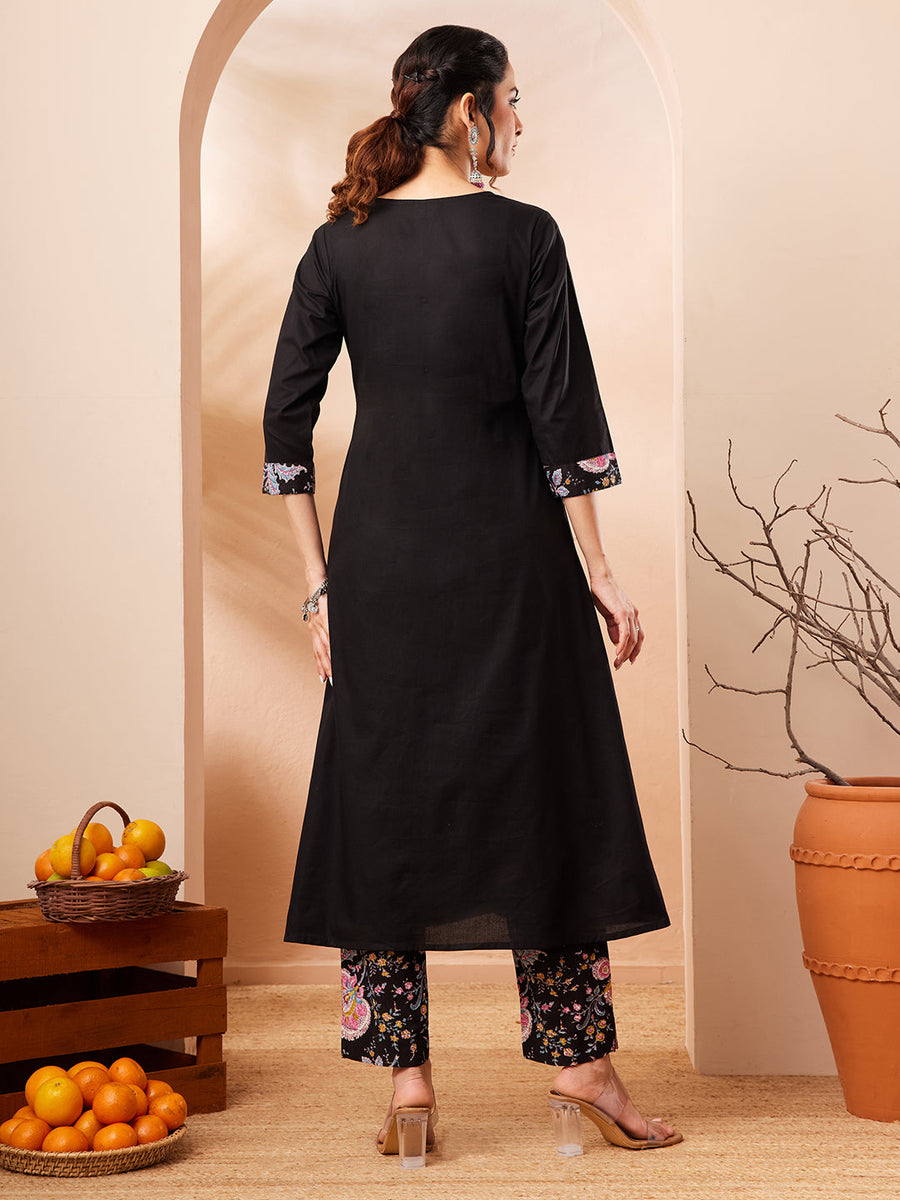 Women's Black Pure Cotton Yoke Design A-line Kurta Set