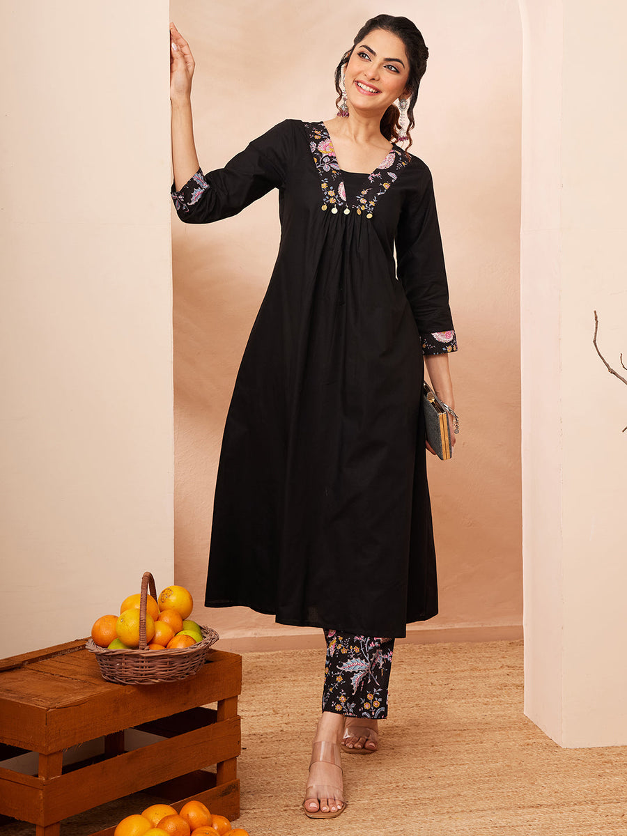 Women's Black Pure Cotton Yoke Design A-line Kurta Set