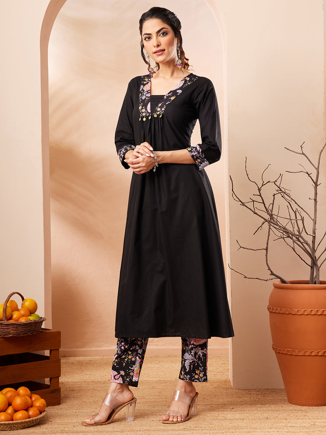 Women's Black Pure Cotton Yoke Design A-line Kurta Set