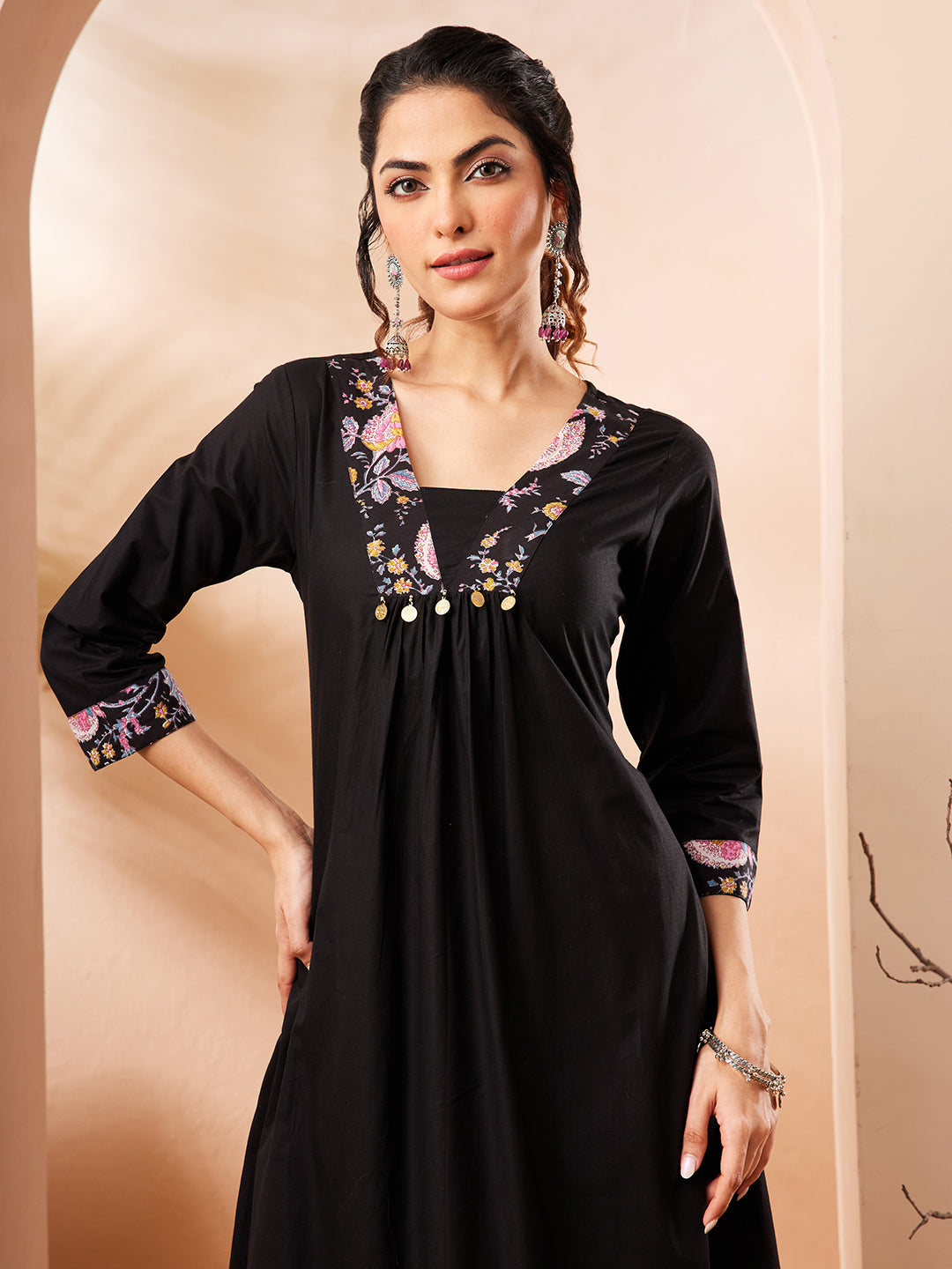 Women's Black Pure Cotton Yoke Design A-line Kurta Set