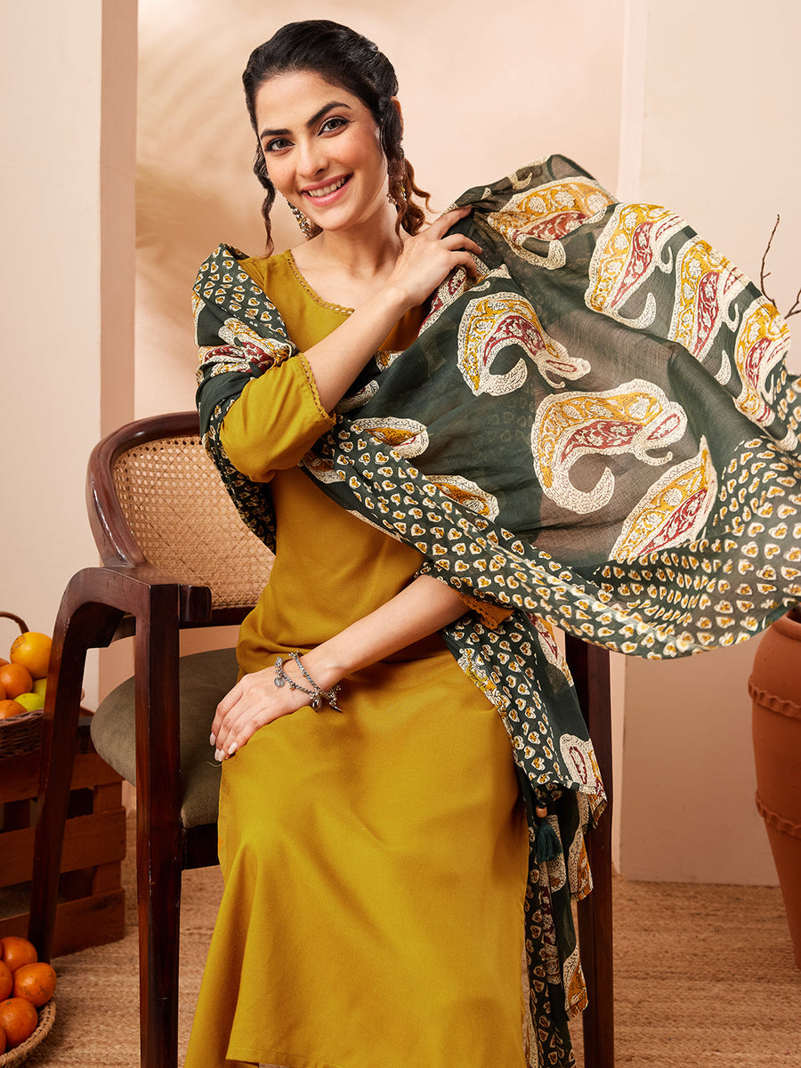 Women's Mustard Rayon Solid Straight Kurta Set