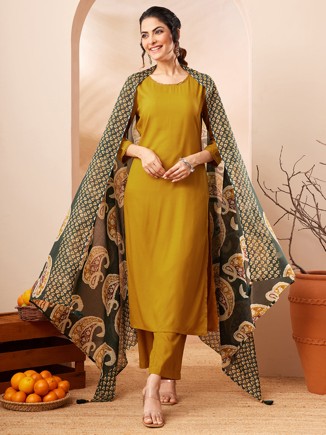 Women's Mustard Rayon Solid Straight Kurta Set