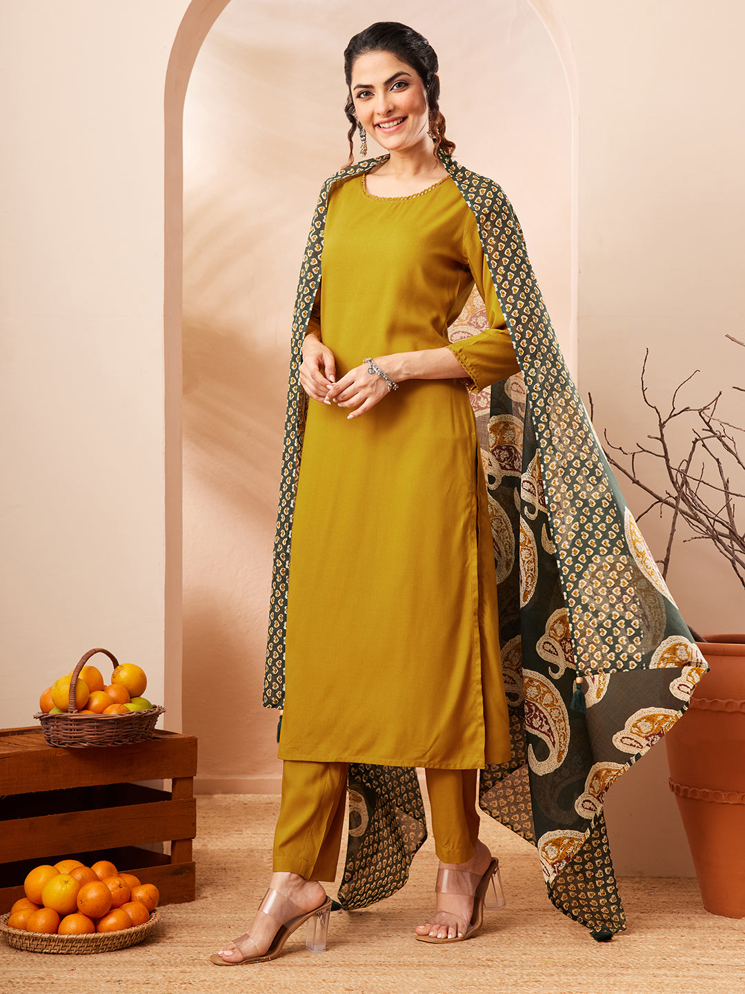 Women's Mustard Rayon Solid Straight Kurta Set