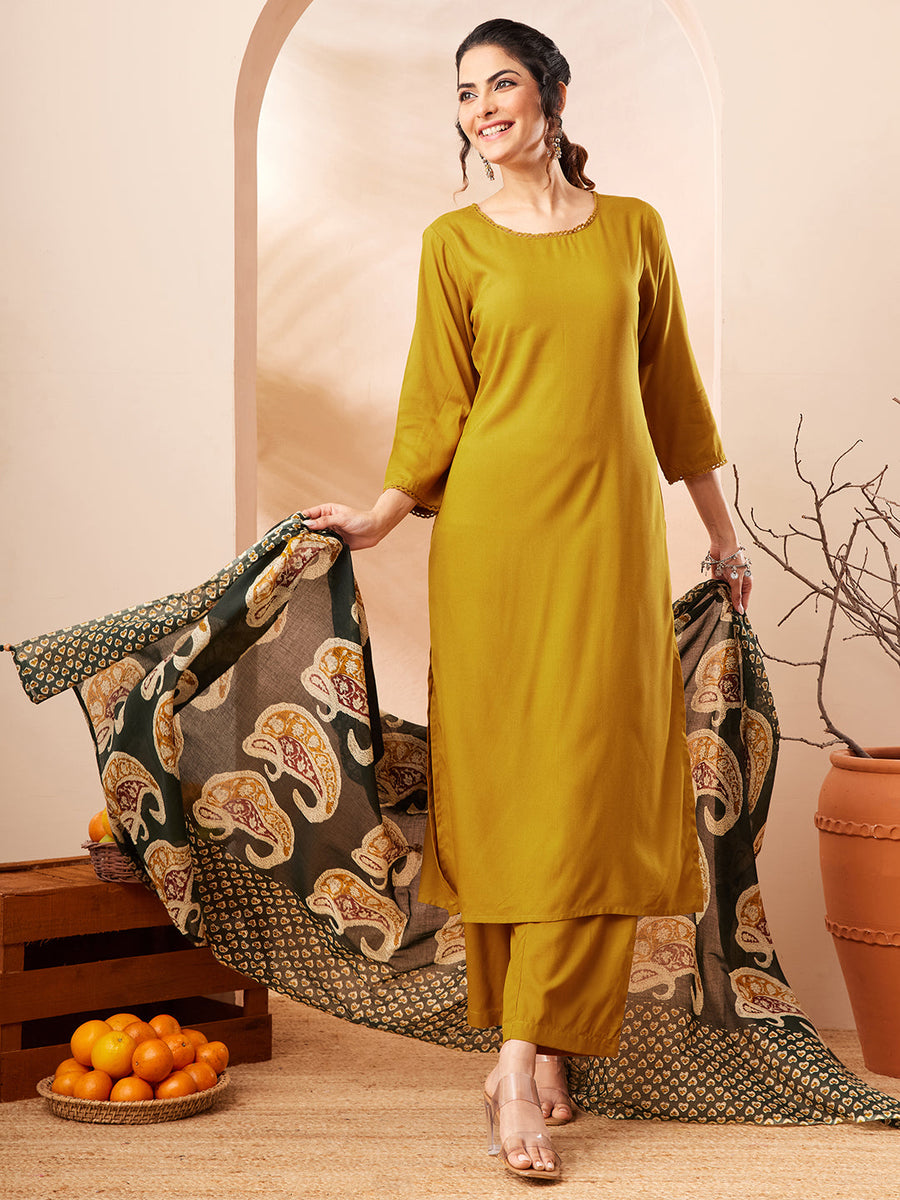 Women's Mustard Rayon Solid Straight Kurta Set
