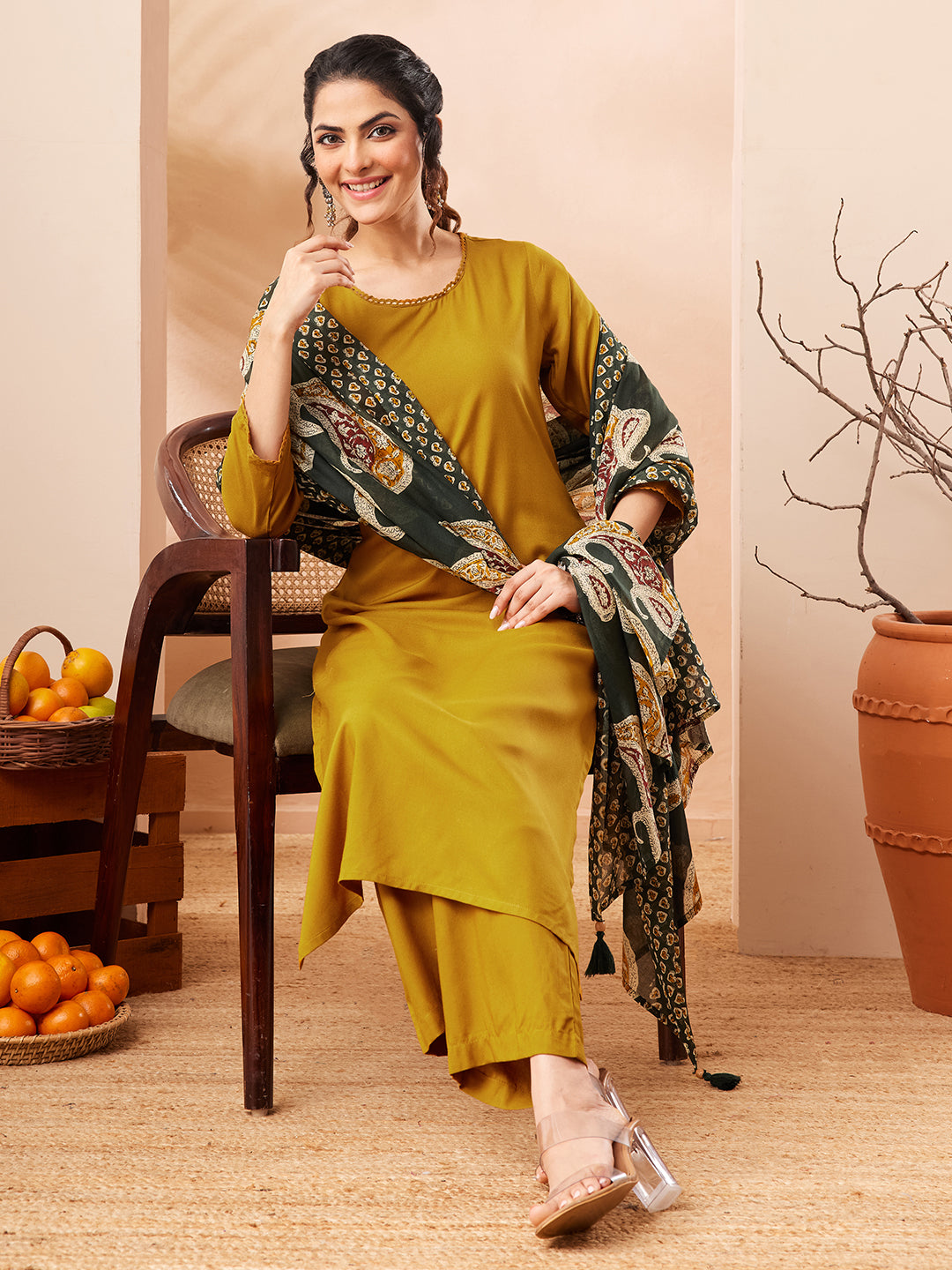 Women's Mustard Rayon Solid Straight Kurta Set