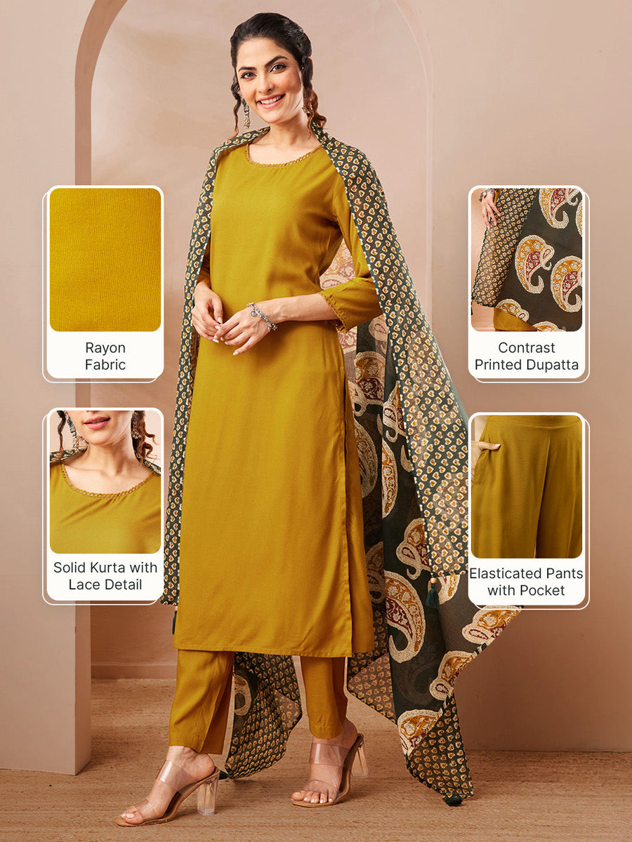 Women's Mustard Rayon Solid Straight Kurta Set