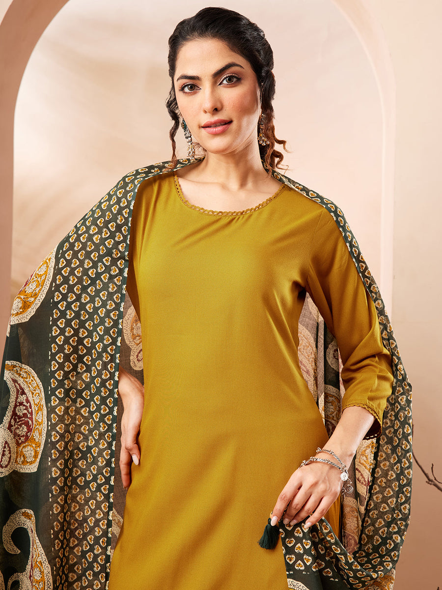 Women's Mustard Rayon Solid Straight Kurta Set