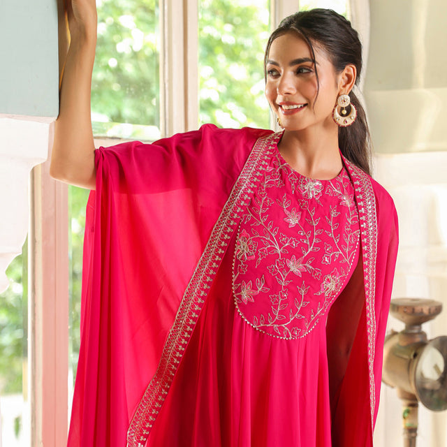 Pink Georgette Embroidered Anarkali Dress With Cape