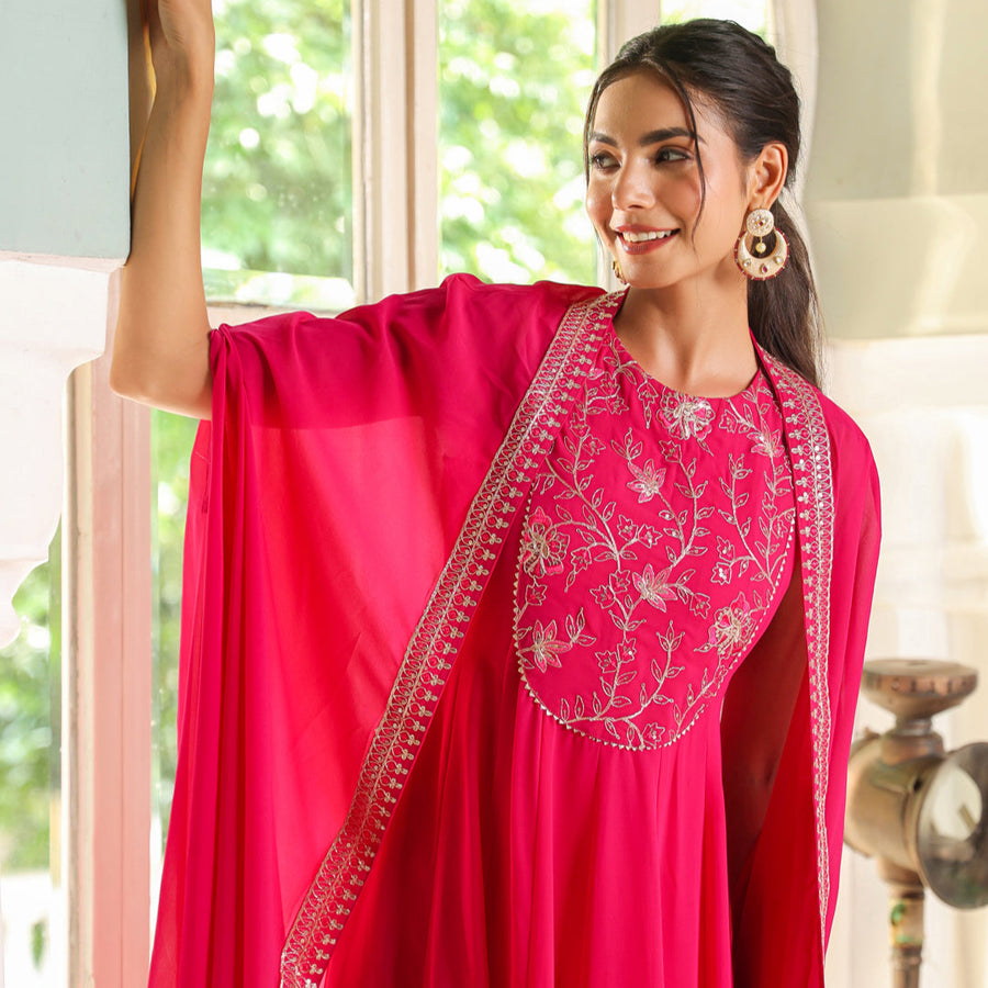 Pink Georgette Embroidered Anarkali Dress With Cape