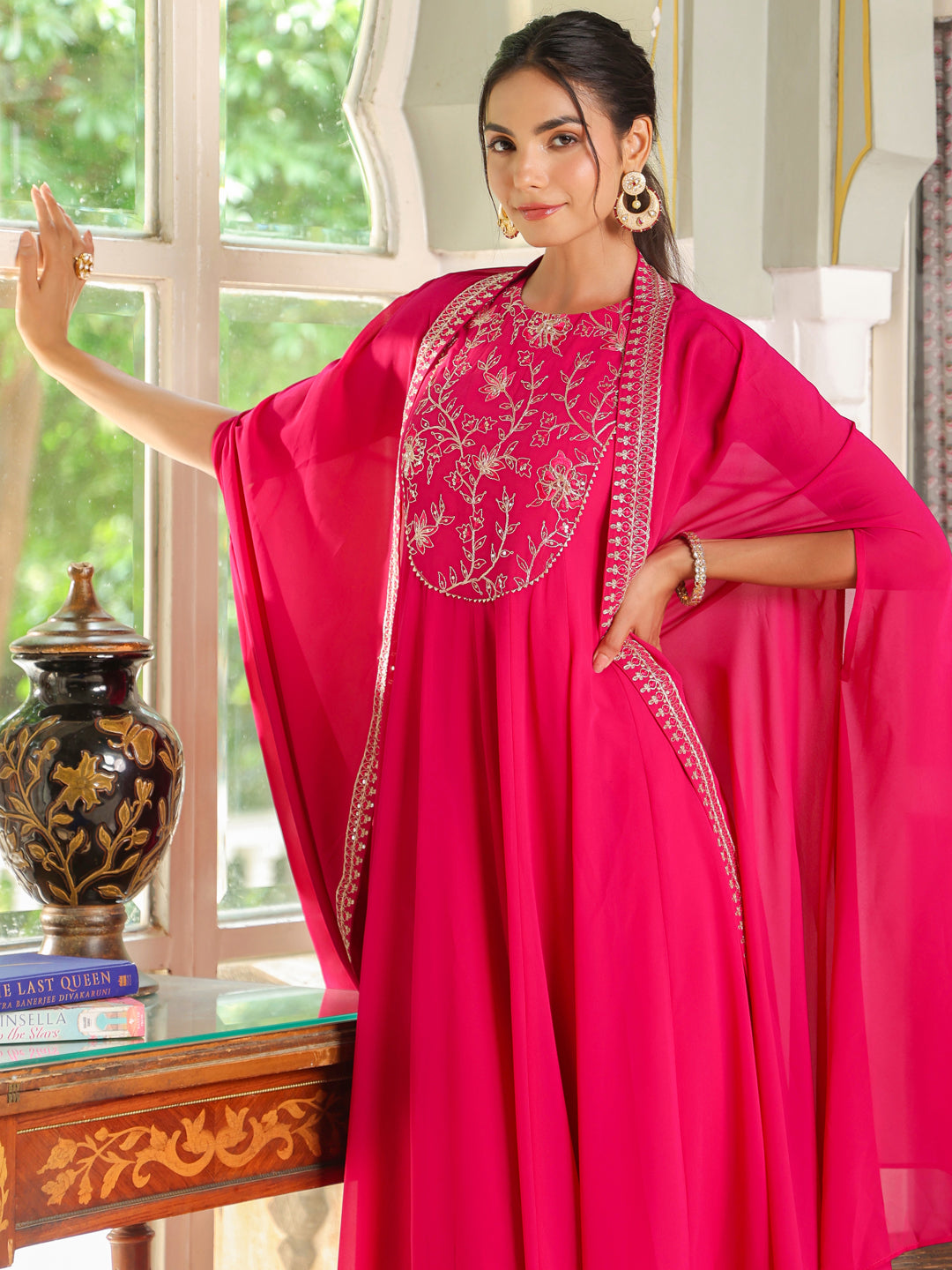 Pink Georgette Embroidered Anarkali Dress With Cape