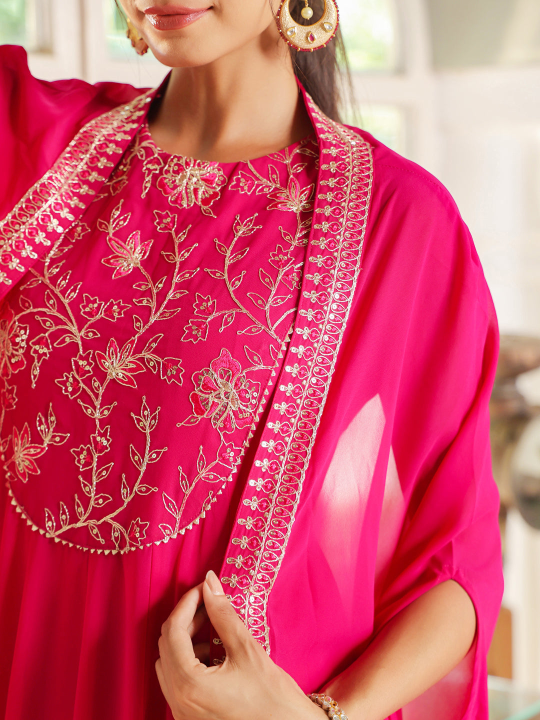 Pink Georgette Embroidered Anarkali Dress With Cape