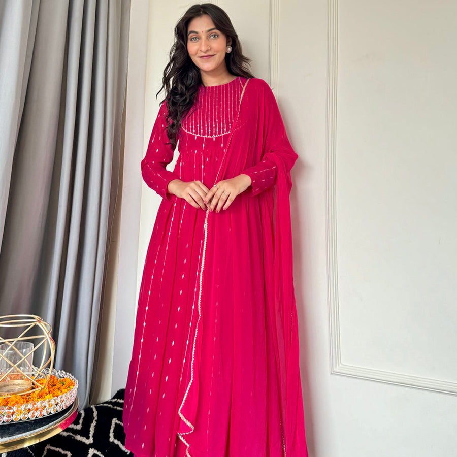 Pink Georgette Foil Printed Anarkali Kurta Set