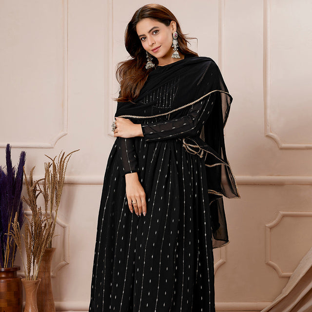 Black Georgette Foil Printed Anarkali Kurta Set